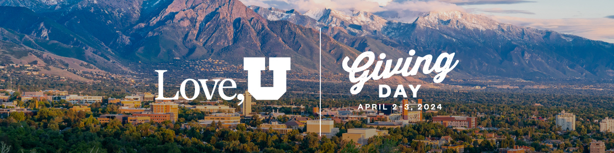 Love, U giving day banner with an aerial view of the University of Utah in the background