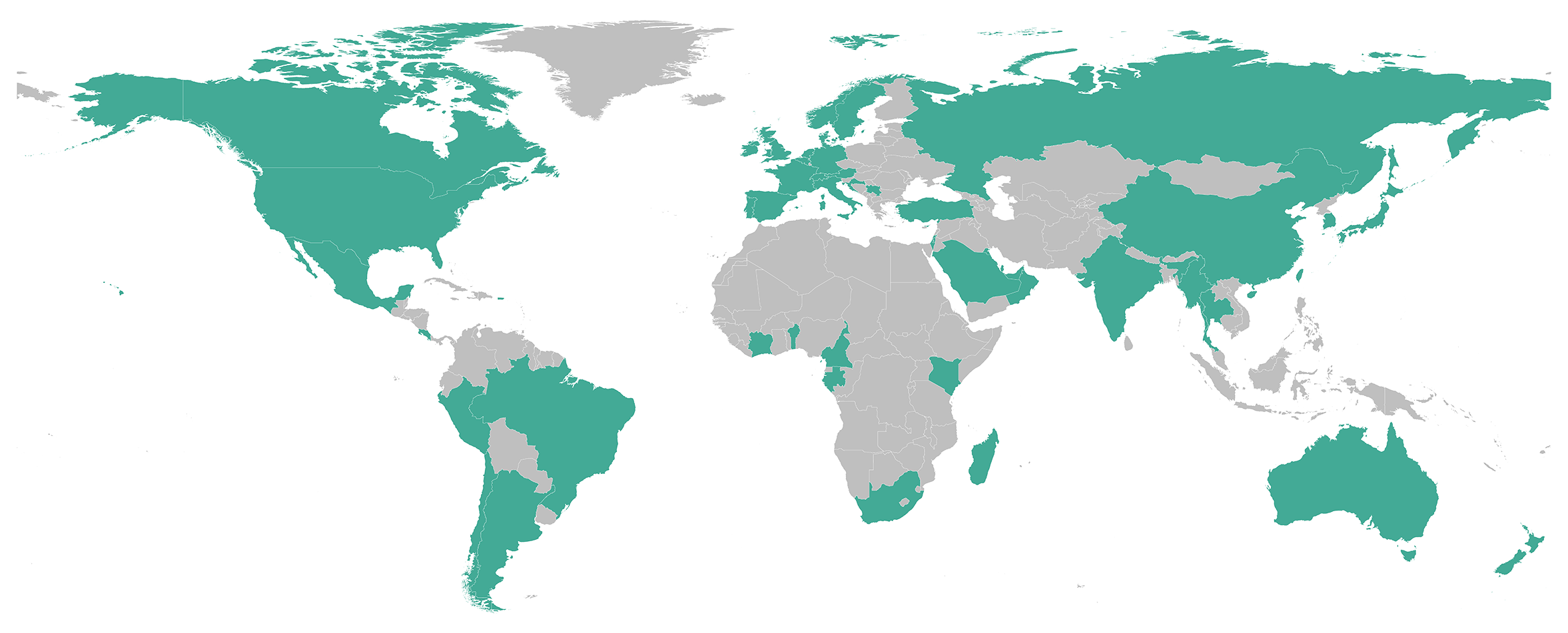 World map with coloring of locations visited