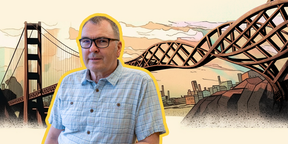 Stephen Downes, in the background there is an illustration of a bridge that turns into a double helix