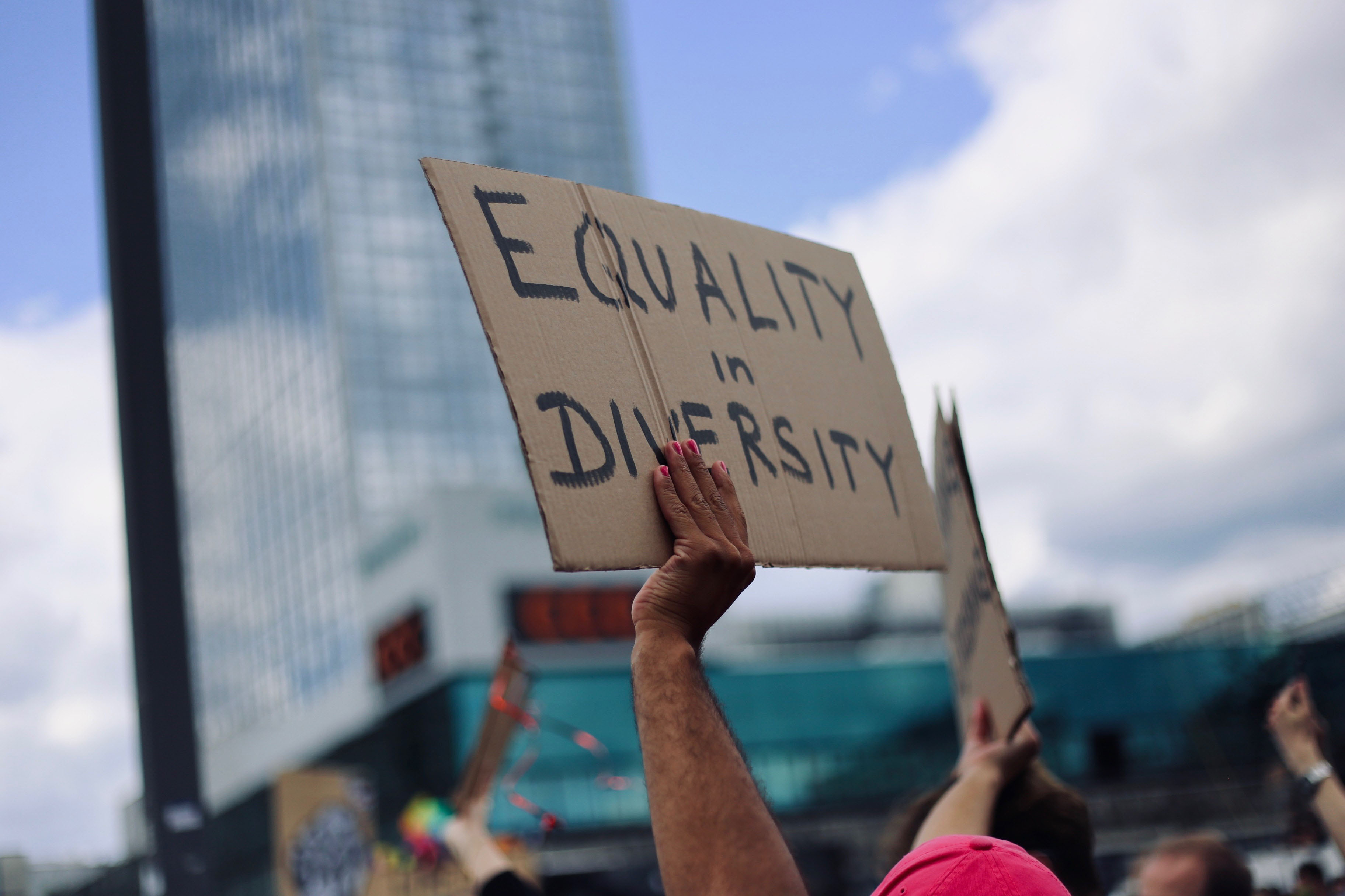 A person is holding a sign that reads "equality in diversity"